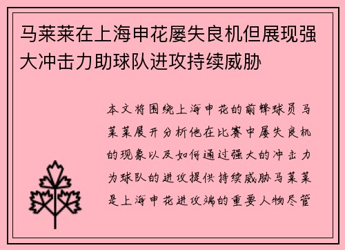 马莱莱在上海申花屡失良机但展现强大冲击力助球队进攻持续威胁